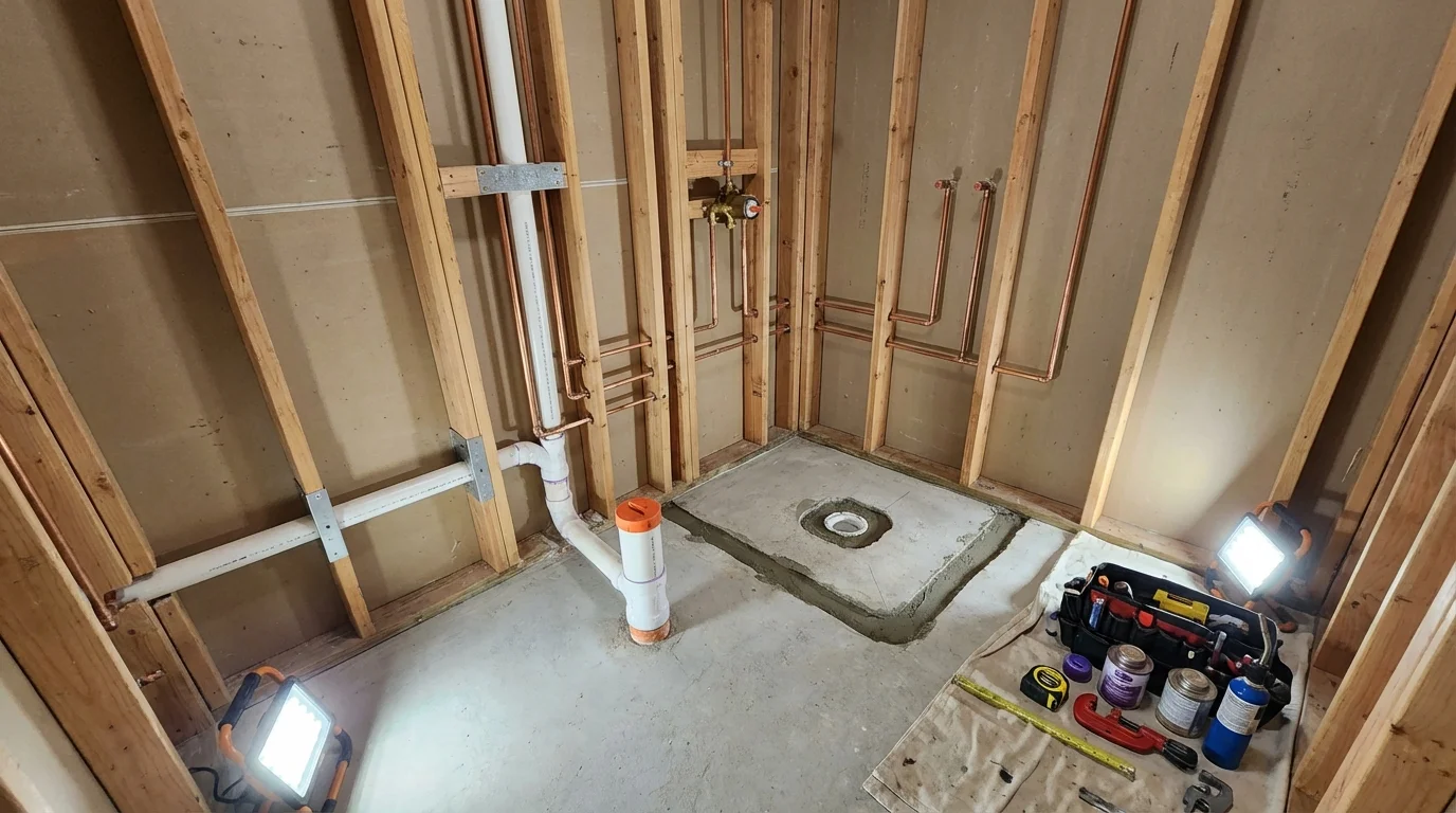 Bathroom rough-in plumbing during remodel by Johns Plumbing LLC in Wadsworth