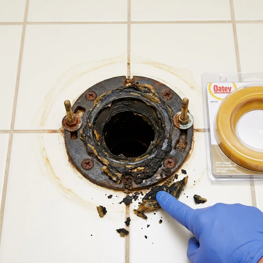 Failed wax ring showing water seepage at the base of a toilet in a Wadsworth, OH home