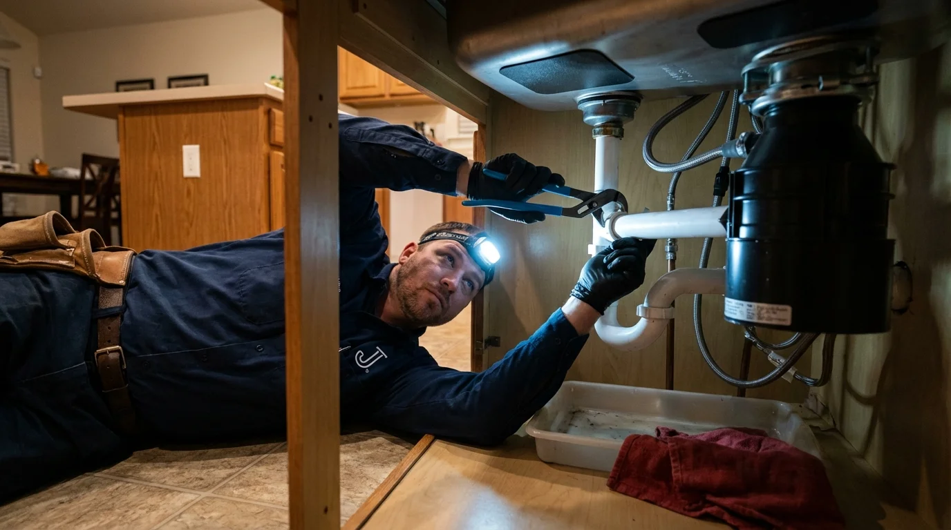 P-trap and supply line connections under a kitchen sink showing a common leak point in Wadsworth, OH
